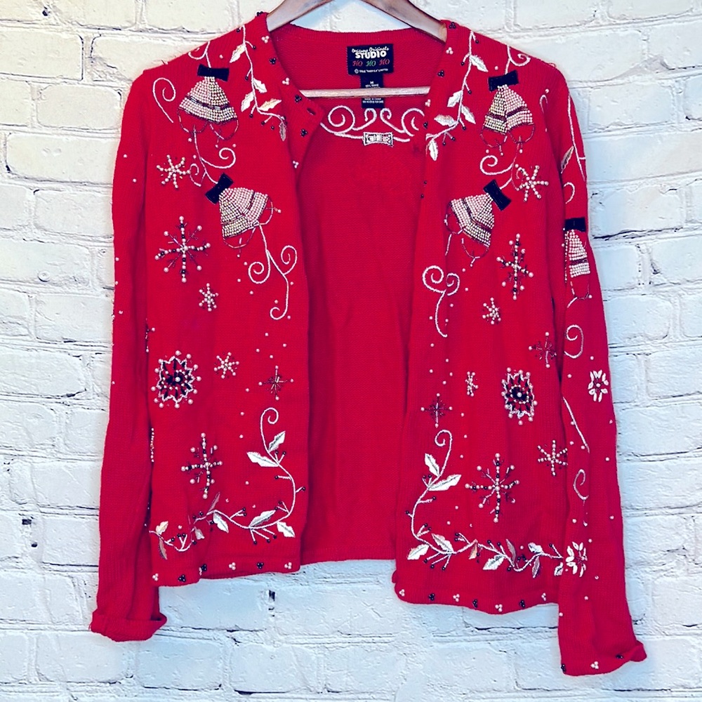 Designers Original Studio Beaded Red Silver Bells Christmas Sweater Size Medium